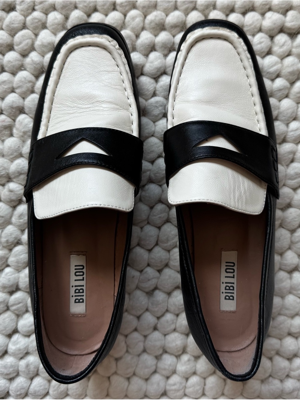 Bibi Lou Black and White Leather Penny Loafers